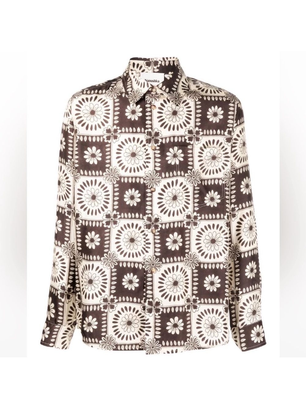 Nanushka Brown and Cream Floral-Tile Button-Down Shirt